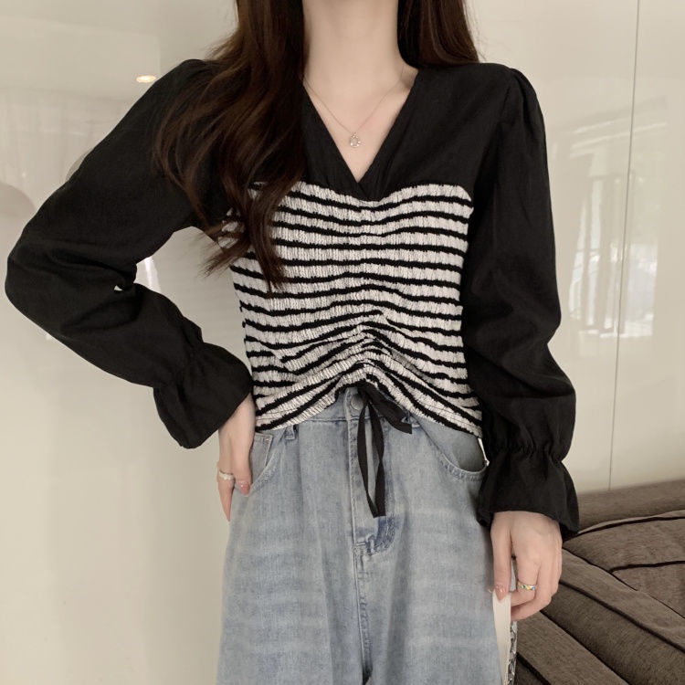 Áo Kiểu Tay Dài Cổ Chữ v Kẻ Sọc Phối Dây Rút Xếp Ly Thời Trang Mùa Thu