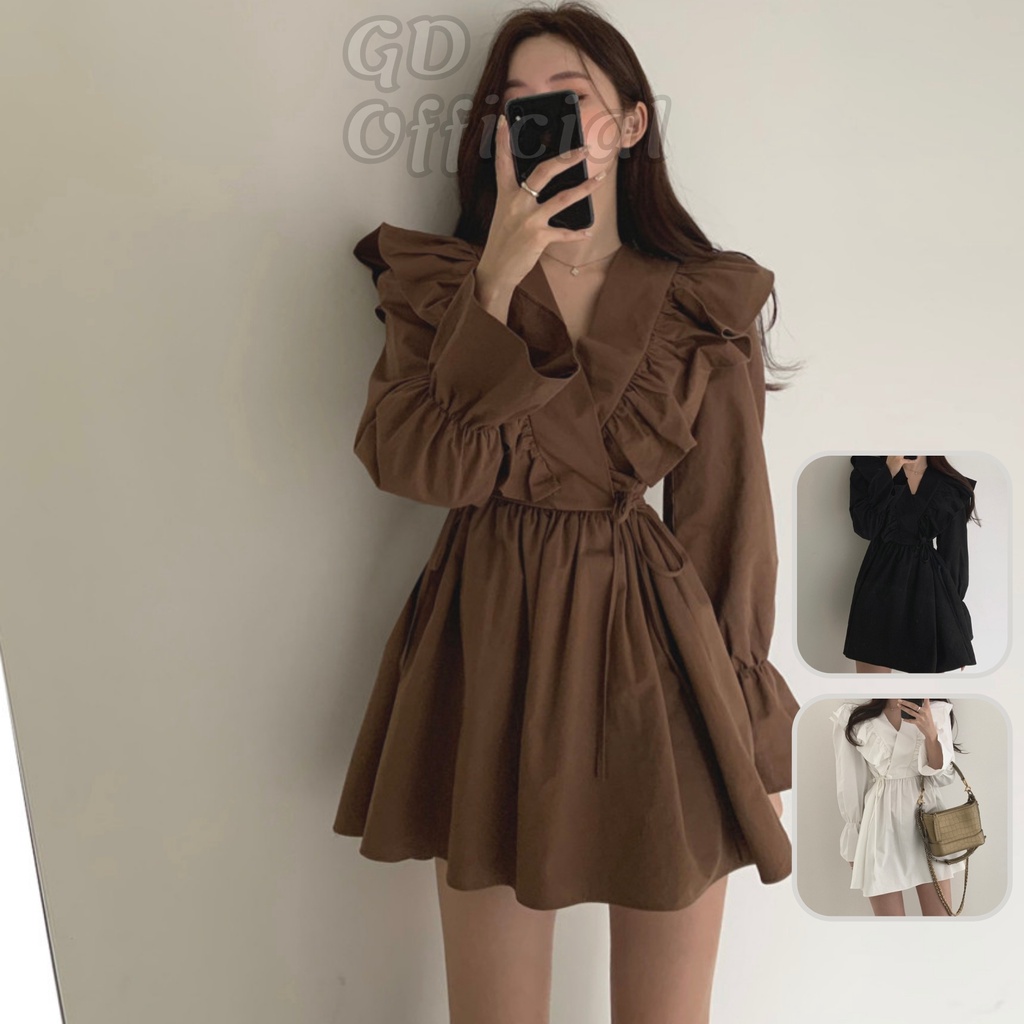 D8|Đầm nữ ngắn thanh lịch, kiểu dáng retro, đơn giản cho nữ chất cotton mềm mại tay phồng nâu, trắng, đen GD Official