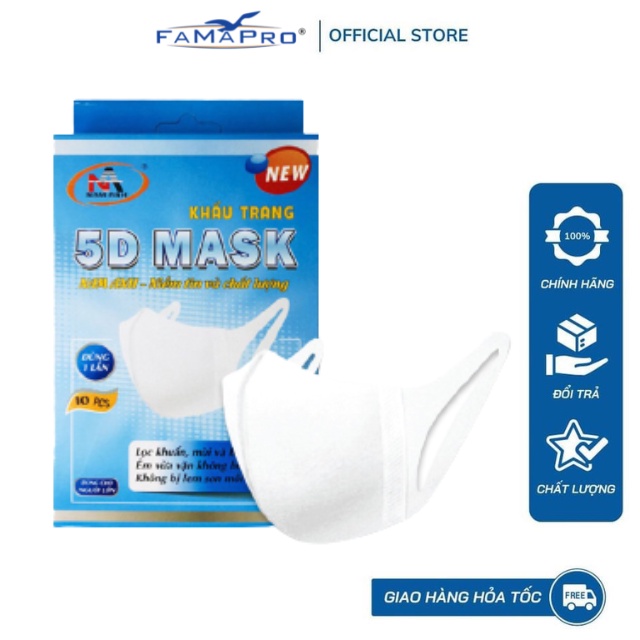 [HỘP10 CÁIMÀU TRẮNG] Khẩu trang y tế kháng khuẩn 3 lớp Famapro 5D Mask dây vải