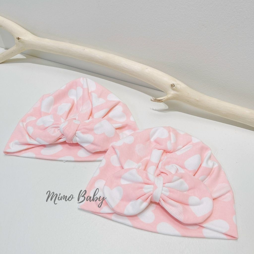 Mũ nón turban vải cotton co dãn màu hồng trái tim dễ thương cho bé gái MTB166 Mimo Baby