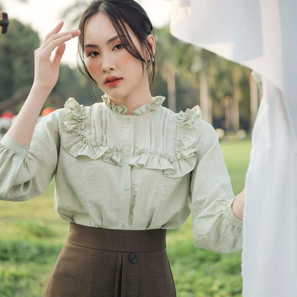Áo sơ mi kiểu nữ hàn quốc Cardigan thiết kế xếp ly cổ bèo AS005