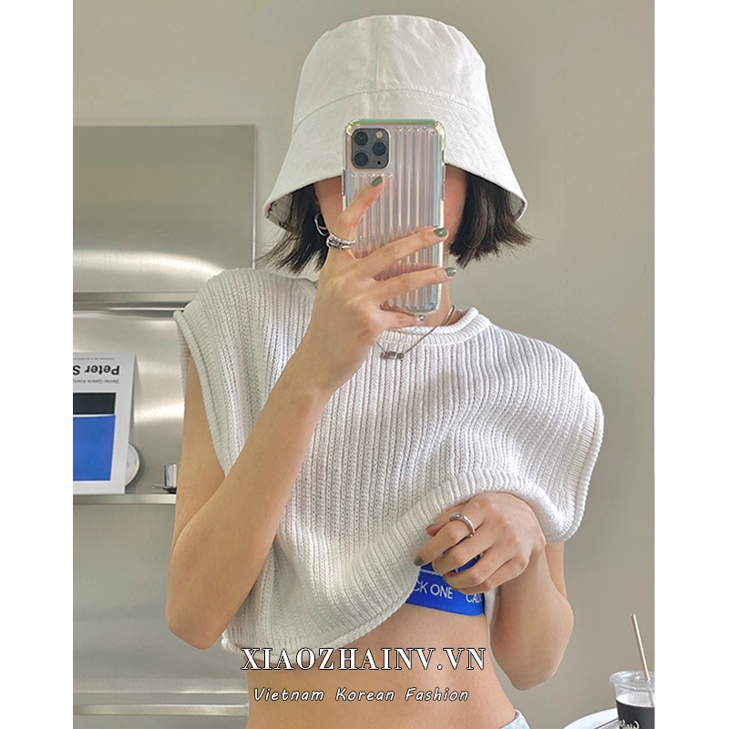 Xiaozhainv Áo croptop dệt kim sát nách màu trơn thời trang hè Hàn Quốc có 2 màu tùy chọn cho nữ