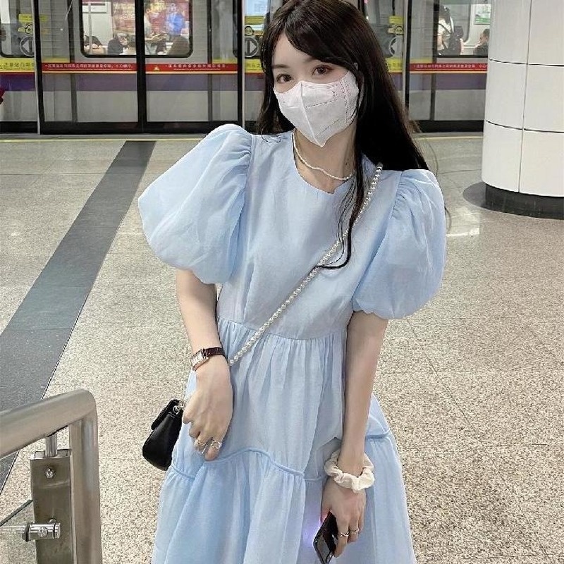 Đầm Tay Phồng Màu Xanh Dương Ngọt Ngào Phong Cách Pháp Mùa Hè Cho Nữ