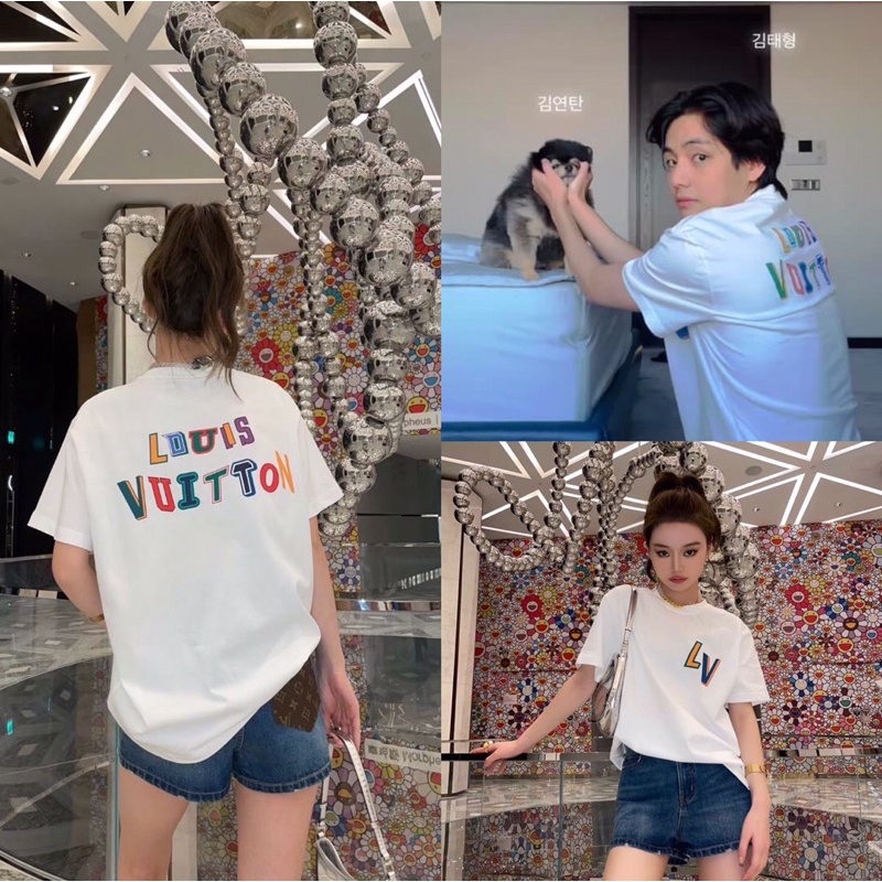 áo phông V BTS in chữ bảy màu,  L V x NBA , chất cotton cao cấp