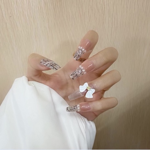 Bộ 24 móng tay giả màu xám in hình trái tim/ nơ