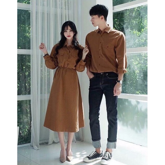 ÁO ĐÔI - Set váy nữ áo sơ mi nam trắng và nâu Hàn Quốc thiết kế cao cấp HQCOUPLE AV192