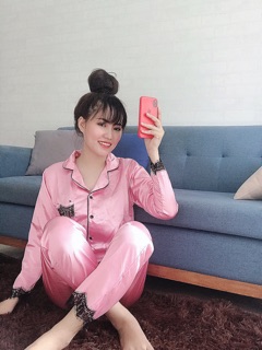 Bộ lụa phối ren tay dài quần dài