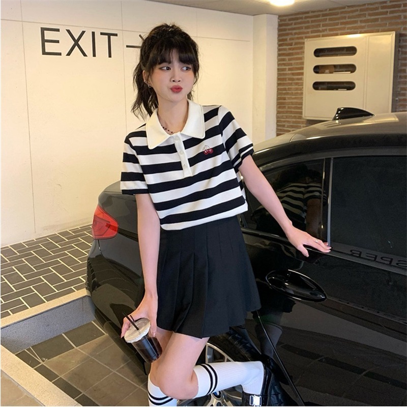 Áo Thun POLO Dệt Kim Tay Ngắn Dáng Rộng Thêu Họa Tiết cherry Dễ Thương