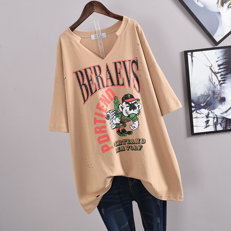 Large size women's clothing 2020 Summer ripped short-sleeved T-shirt women's ins Korean style loose bf style mid-length