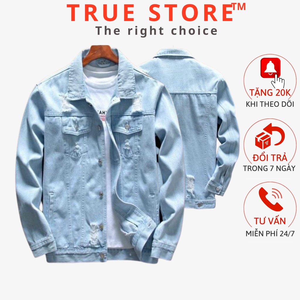 Áo khoác jean nam xanh nhạt rách, áo bò trơn phong cách Hàn Quốc mẫu mới, True Store, AKJ002
