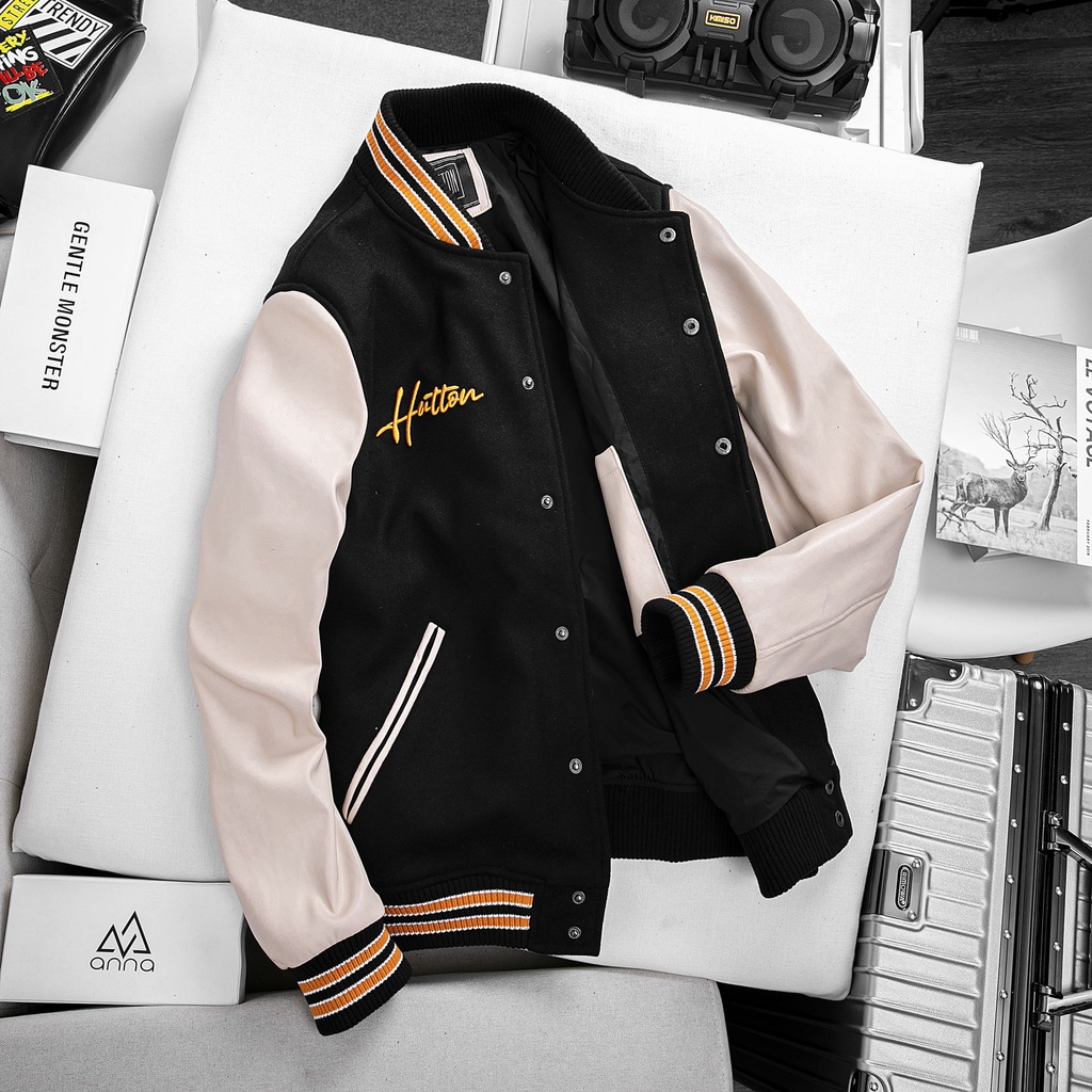 Áo Varsity Jacket Dạ Đen Phối Tay Da Bomber Thêu W HUTTON Chất liệu dạ cao cấp