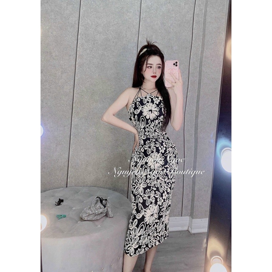 Đầm body đan dây ngực họa tiết hoa lá xinh xắn