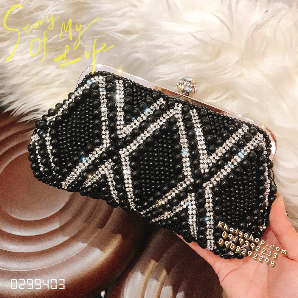 Bóp đầm clutch dạ hội dự tiệc sang trọng đeo chéo xách tay kết hạt châu màu trắng đen siêu xinh cho bạn nữ - (22x3x12cm)