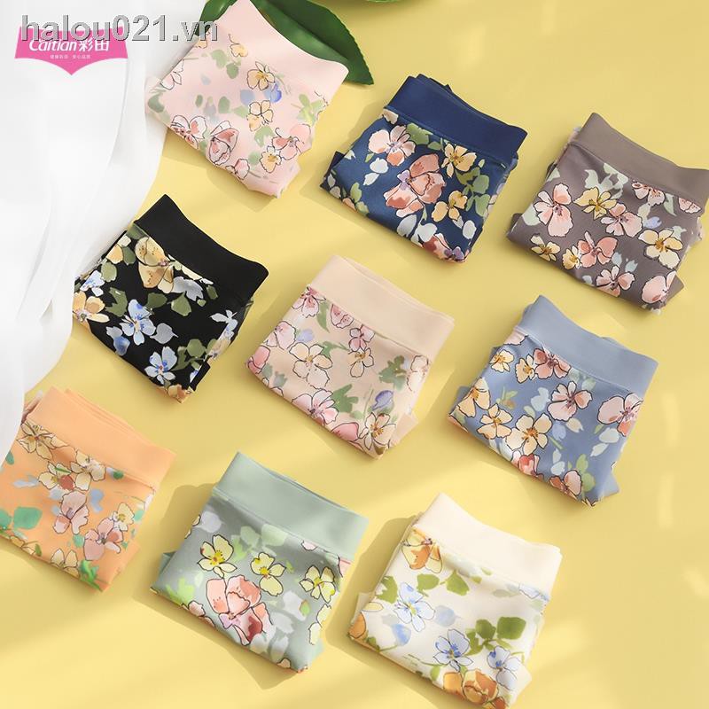 ✿Ready stock✿ Traceless underwear 3 pieces of Caitian printed women s spring and summer silky milk ice silk ultra-thin seamless waist bag hip antibacterial boxer briefs