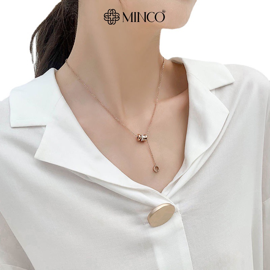 Dây chuyền nữ Minco Accessories thiết kế vintage màu vàng 18k đính đá hình trụ chữ la mã phụ kiện trang sức DT45