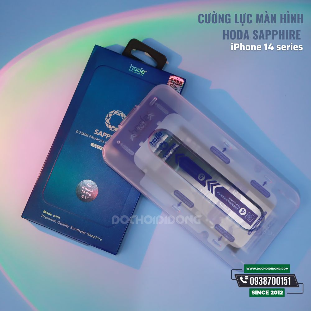 Miếng Dán Cường Lực Màn Hình IPhone 14 Pro Max (14, 14 Plus) Hoda Sapphire với khung dán chống bụi
