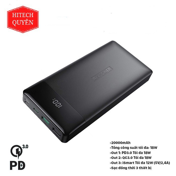 Pin Sạc Dự Phòng RAVPower PB172 dung lượng 20000mah PD 18W