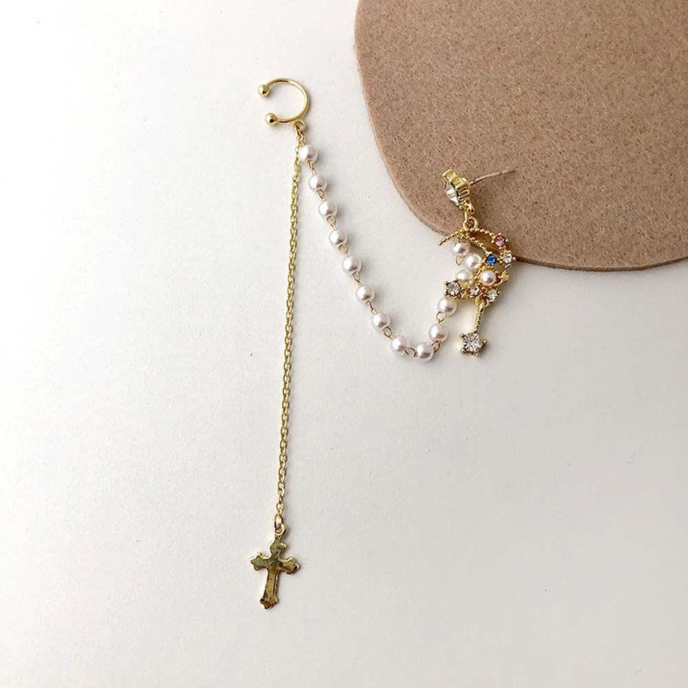 MXGOODS Bông Tai Dạng Kẹp Phối Dây Xích Bằng Hợp Kim Hình Thánh Giá / Mặt Trăng Sang Trọng