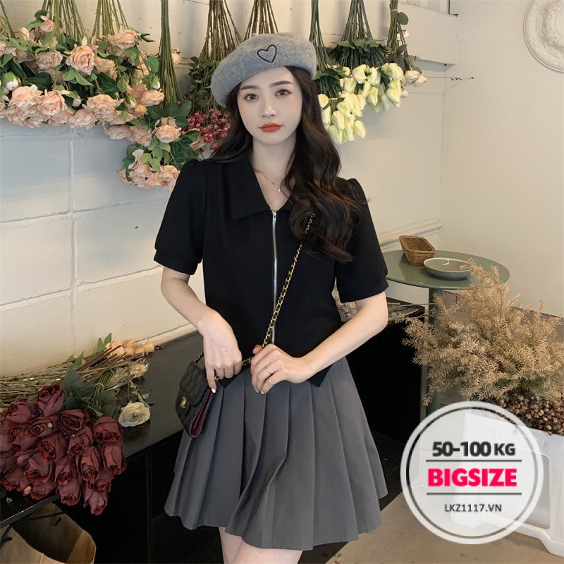 Sét bộ đồ nữ Bigsize Áo thun polo dáng suông tay ngắn cổ bẻ kết hợp chân váy xếp ly tennis ngắn lưng cao cạp cao chữ a mùa hè Phong cách Hàn Quốc Thời Trang đi Chơi sang chảnh cá tính cho người mập béo