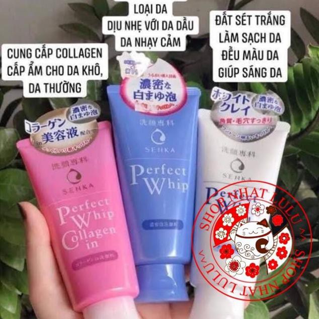 Sữa rửa mặt Perfect Whip - Collagen in - White Clay Senka màu hồng xanh trắng Nhật bản (PSB MART90)