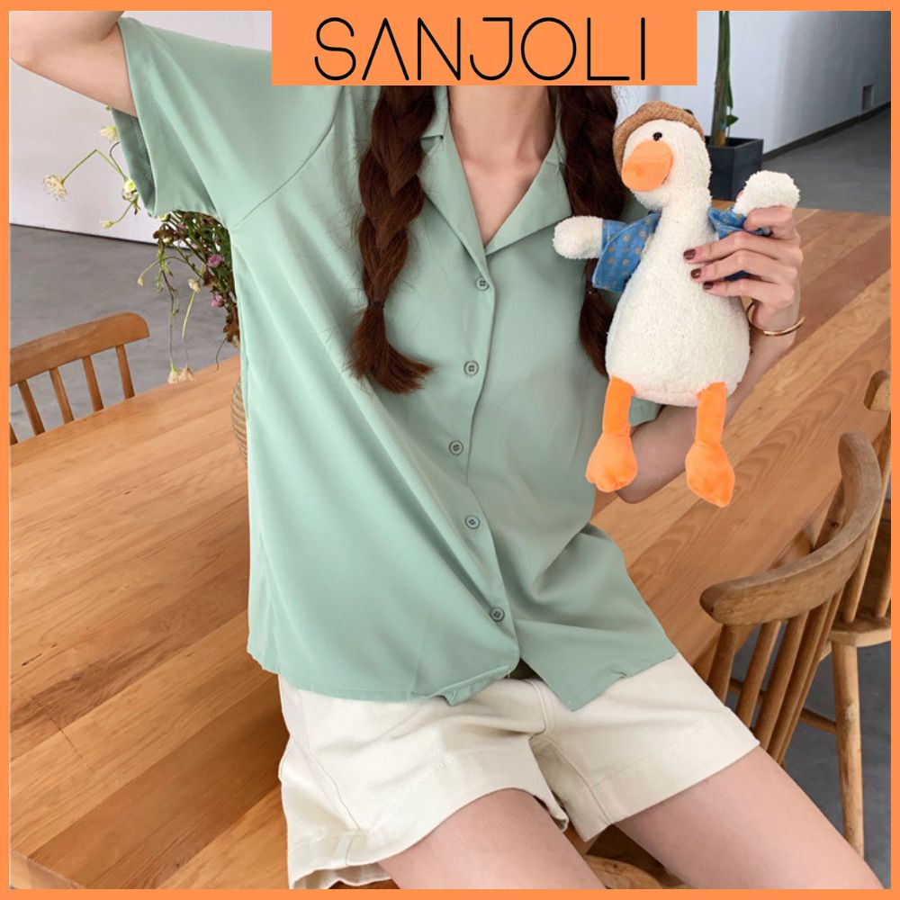 Áo sơ mi nữ Hàn Quốc form rộng SANJOLI Áo Sơ Mi công sở tay lỡ cộc tay kiểu đẹp, trắng đen nhiều màu cao cấp AO003