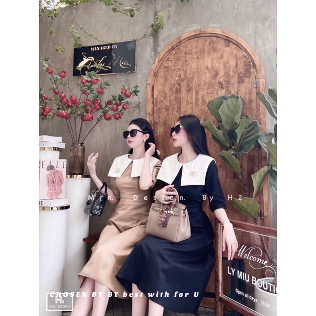Đầm Váy nữ xòe dạo phố, dự tiệc cổ vuông 2 Màu phối KÈM cài ĐÁ sang chảnh -Thời Trang VADA