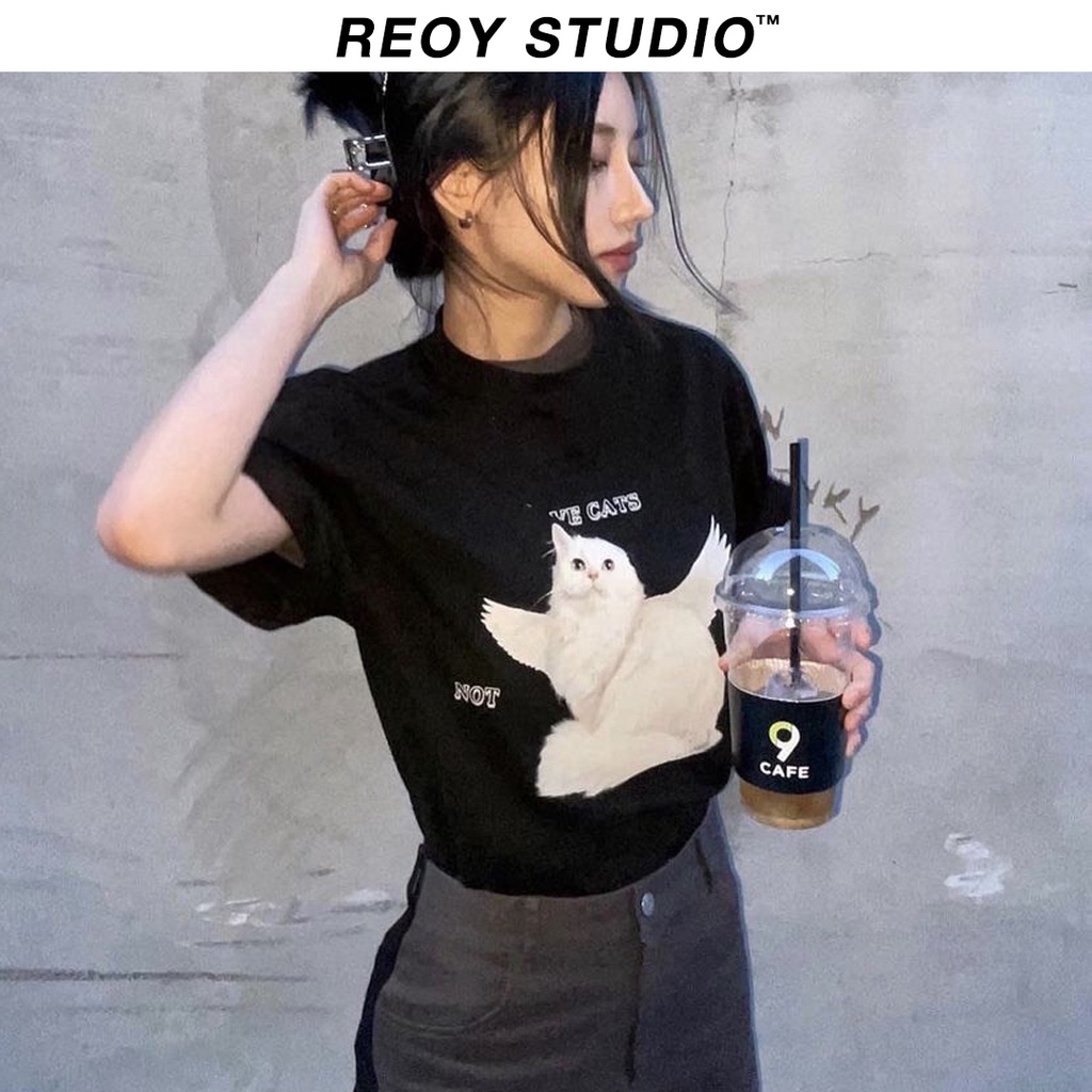 Áo thun nữ REOY-LOVECATNOTYOU , áo phông form rộng tay lỡ cá tính chất cotton dày dặn basic korea