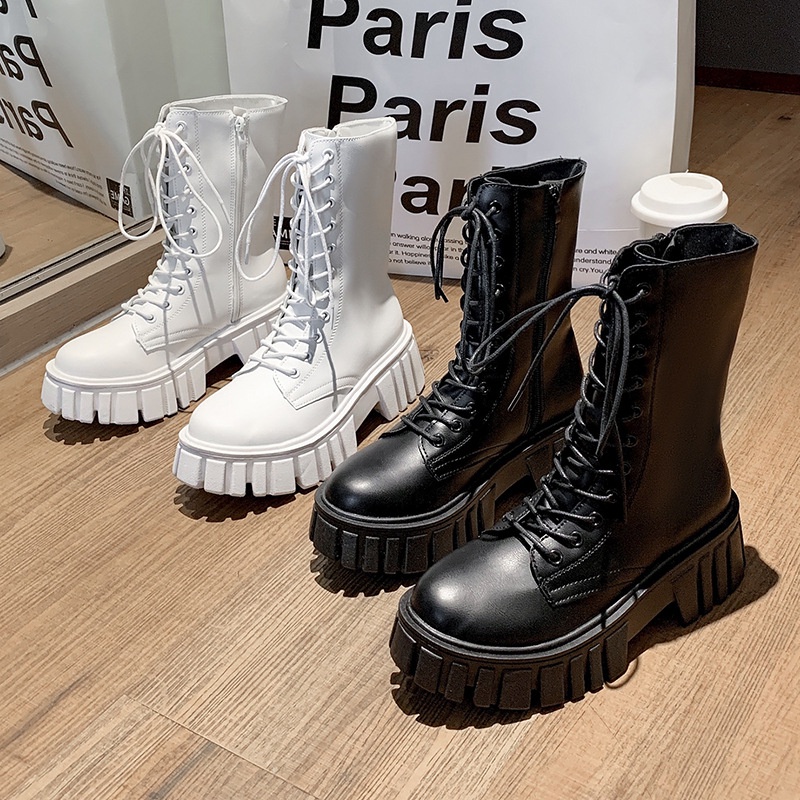 Giày Bốt da Martin cao gót đế vuông, Giầy boots cổ cao thời trang ulzzang Hàn Quốc 6cm tăng chiều cao Full Box