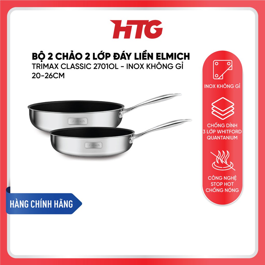 Bộ 2 Chảo 2 Lớp Đáy Liền ELMICH Trimax Classic 2701OL - Inox Không Gỉ - 20-26cm