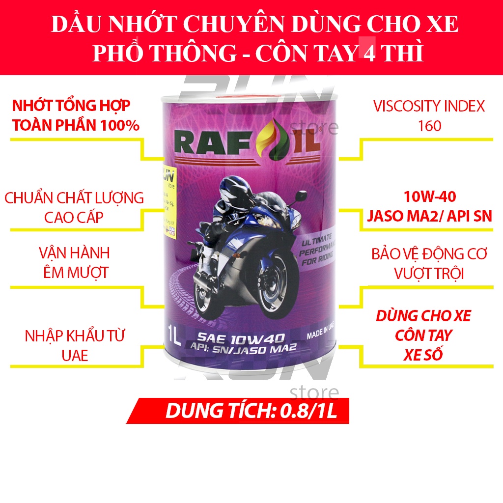 Combo 6 Lon Nhớt Tổng Hợp Toàn Phần RAFOIL 10w40 1000ml – Made In UAE - Nhớt Dùng Cho Xe Số, Côn Tay