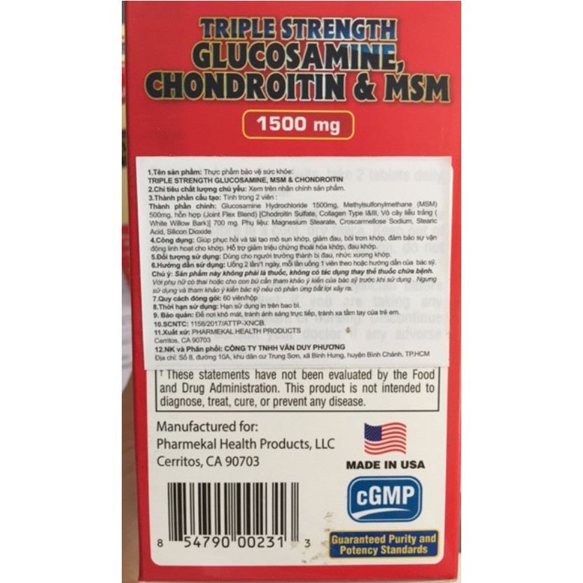 Viên uống Triple Strength Glucosamine 1500mg, MSM & Chondroitin Pharmekal 60 viên - Phòng Ngừa Thoái Hóa khớp