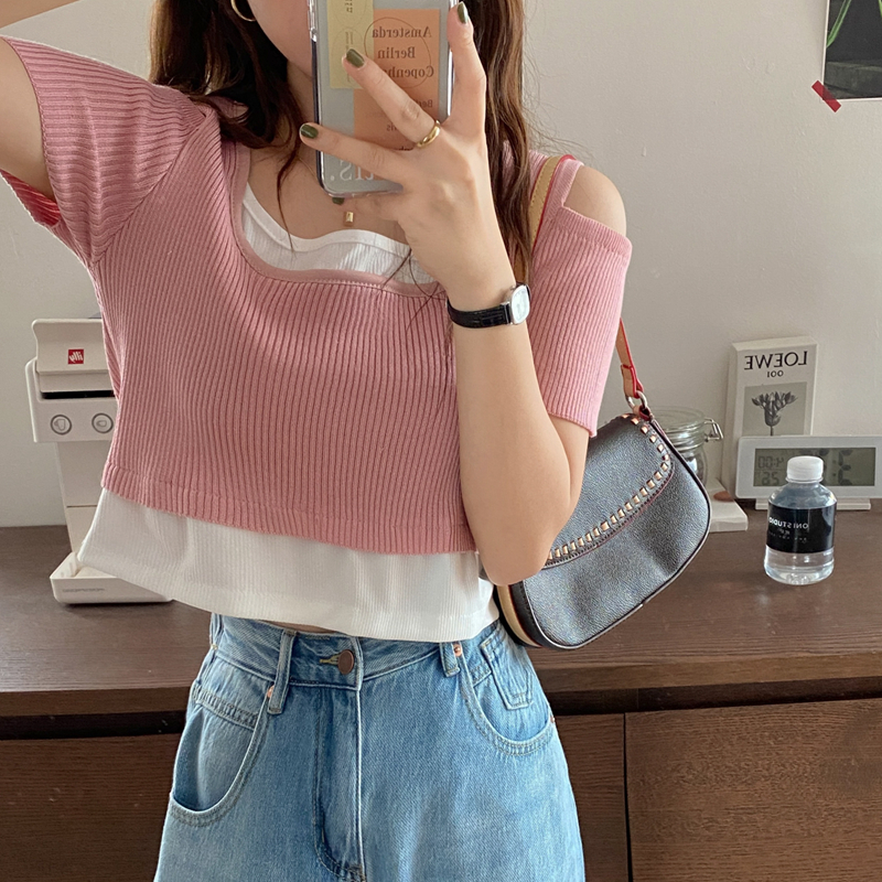 Áo Crop Top Hai Lớp Dệt Kim Phong Cách Hàn Quốc 2021