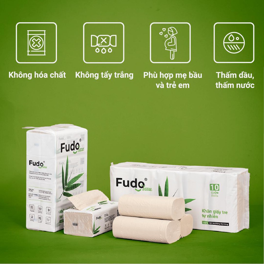 Khăn giấy và giấy vệ sinh FUDO không lõi 100% bột tre nguyên chất (4 gói + 10 cuộn)