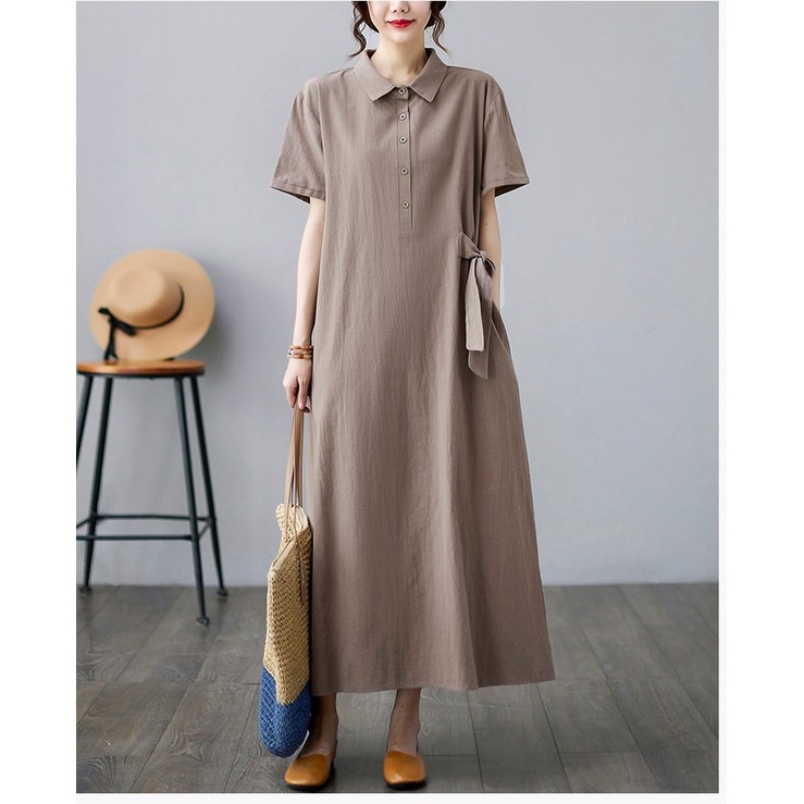 Váy sơ mi dáng dài thắt eo – Đầm sơ mi nữ form suông màu nâu vintage, chất linen mềm mát
