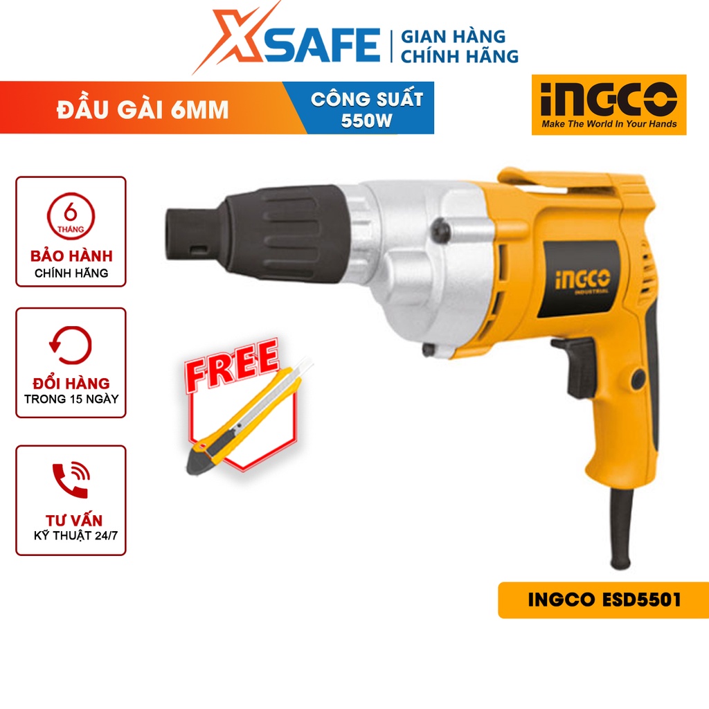 Máy bắn vít cầm tay 550W INGCO ESD5501 tốc độ 2500rpm, đầu gài lục giác 1/4&quot;, kèm 6 mũi siết vít máy vặn vít dùng điện