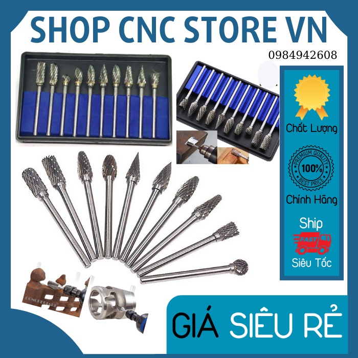 Bộ 10 Mũi Mài Hợp Kim Cao Cấp, Gỗ Lũa Cán 3mm Lắp Máy Mài, Máy Cắt MiNi Cầm Tay