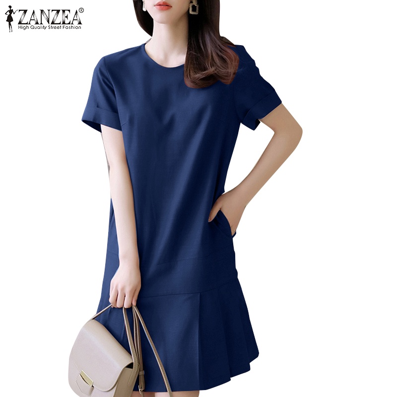 Zanzea Đầm Dài Tay Ngắn Cổ Tròn Phong Cách Thời Trang Đường Phố Dành Cho Nữ