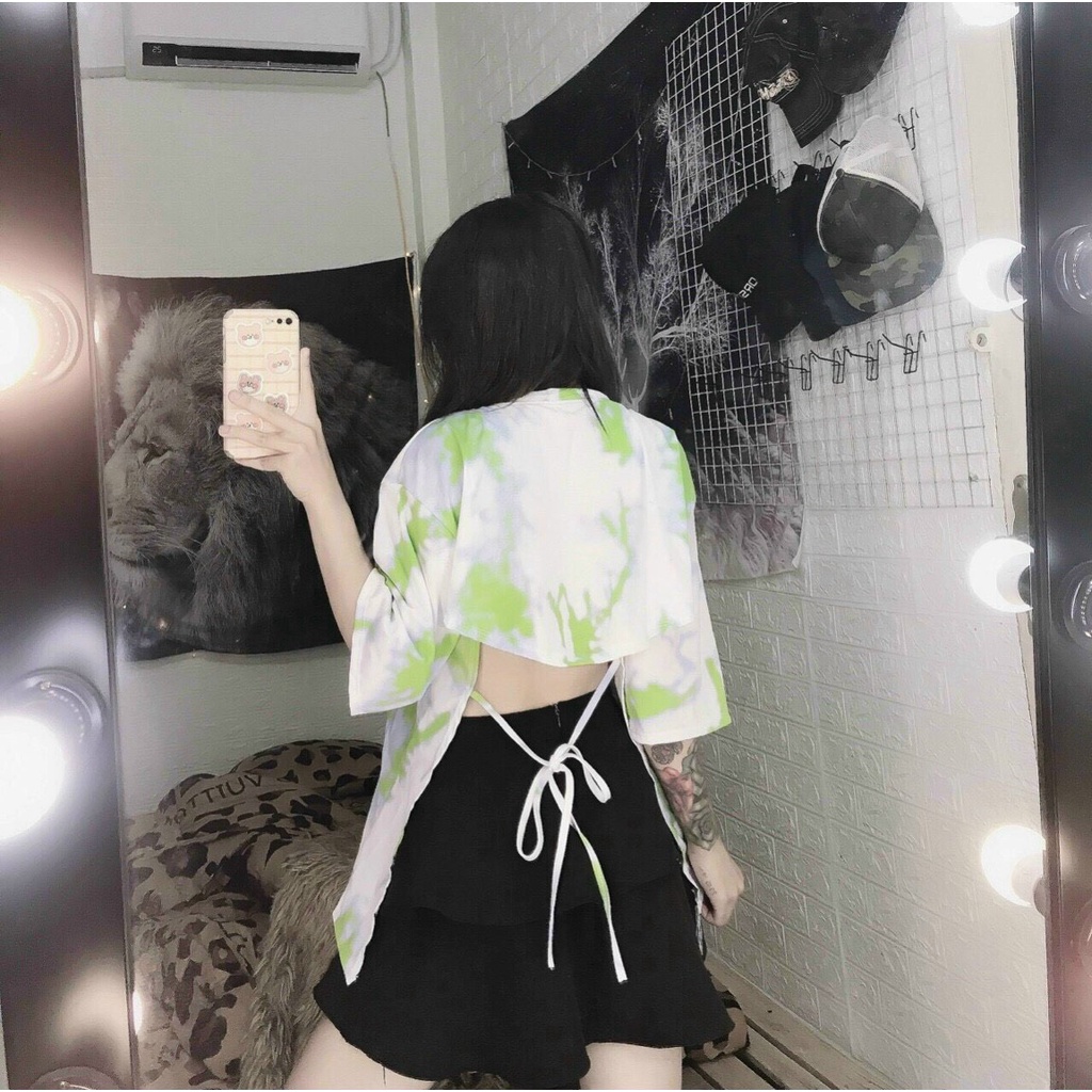 Áo thun nữ form rộng tay lỡ in màu loang xẻ cột lưng siêu sành điệu - AT3335