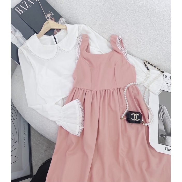 SET SƠ MI CỔ SEN VIỀN REN + YẾM HỒNG BABYDOLL BO EO