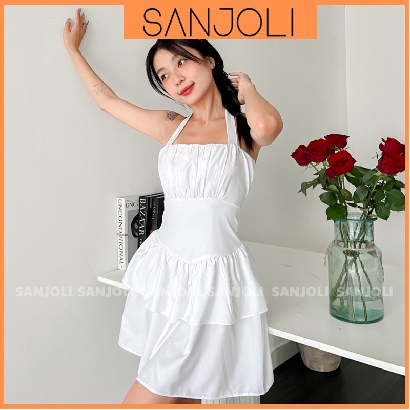 Váy Cổ Yếm SANJOLI Đầm Body Dự Tiệc Dáng Xòe Xếp Tầng Cột Dây Thiết Kế Hở Lưng VD032