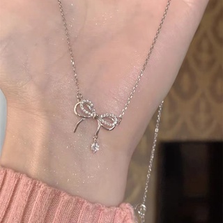 Vòng cổ Mạ Bạc Mặt Nơ Đính Đá Pha Lê Phong Cách Hàn Quốc
