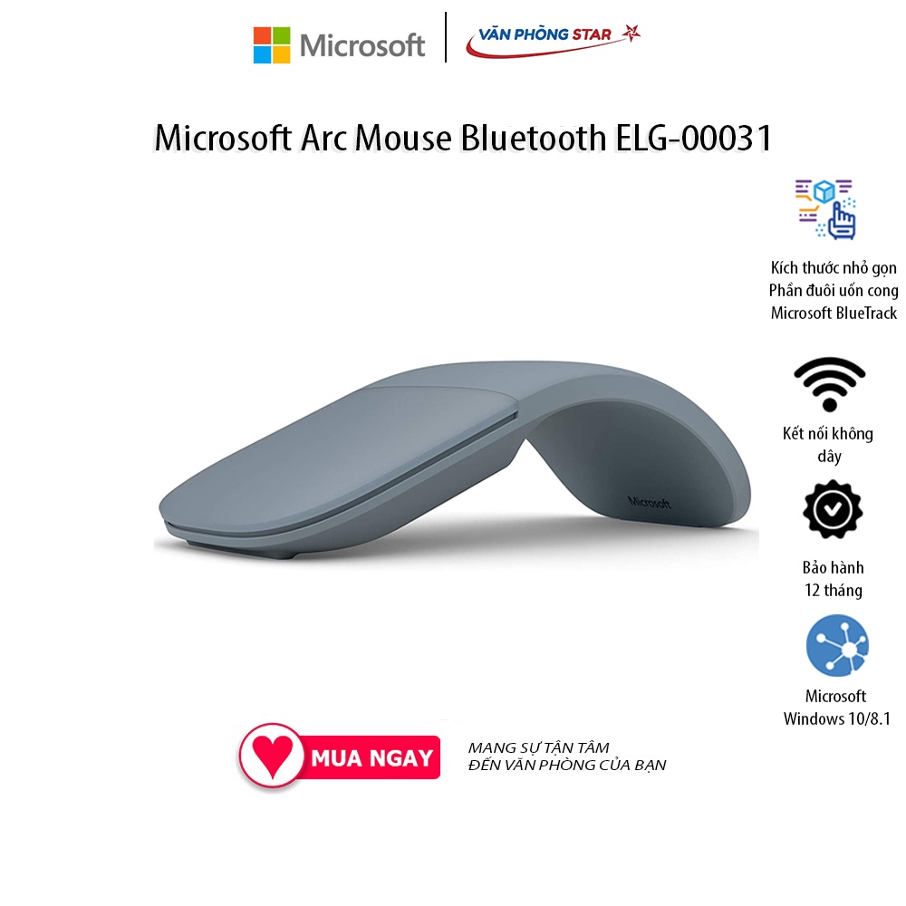 Chuột không dây Microsoft Arc Mouse Bluetooth ELG-00031 kết nối bluetooth 5.0 Công nghệ Microsoft BlueTrack™ chính hãng