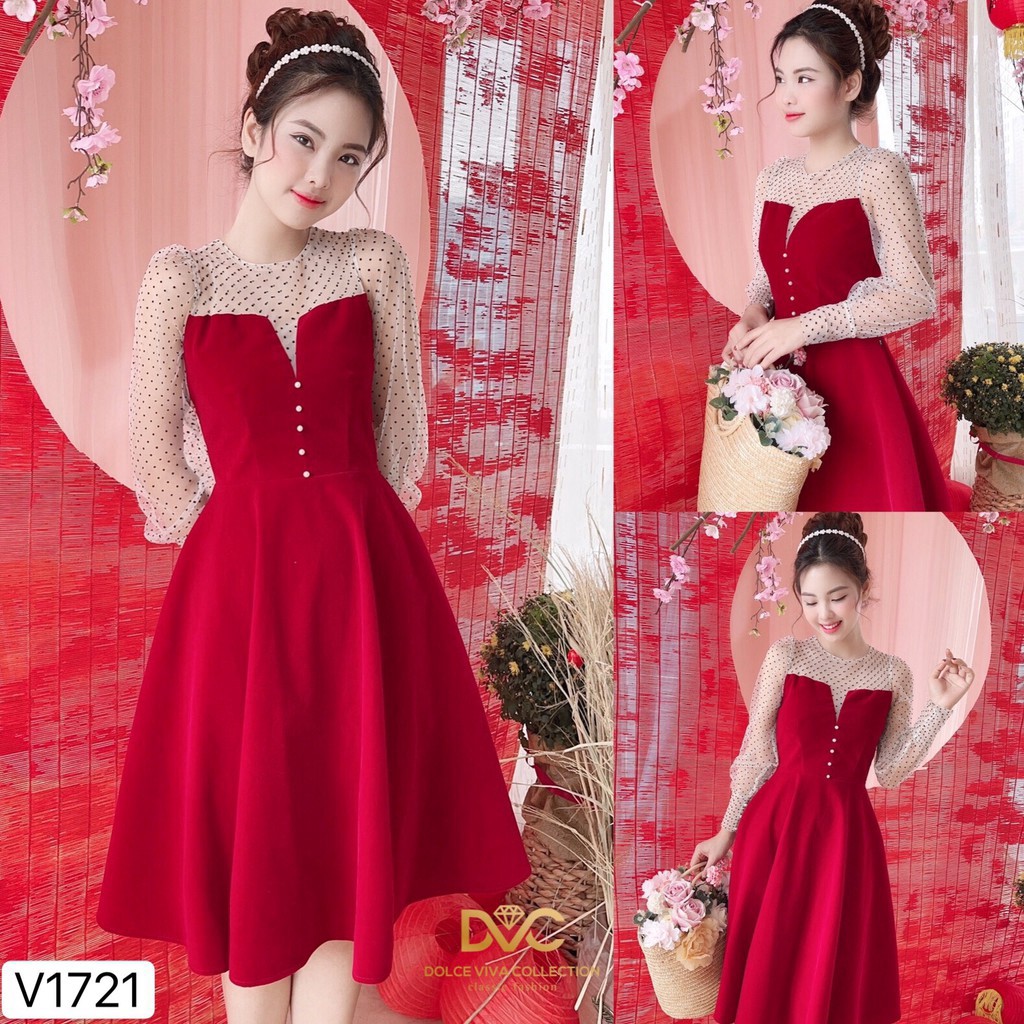 Váy nhung đỏ tay phối ren V1721 - DVC Dolce Viva Colection Authentic ( Ảnh mẫu và ảnh trải sàn do shop tự chụp )