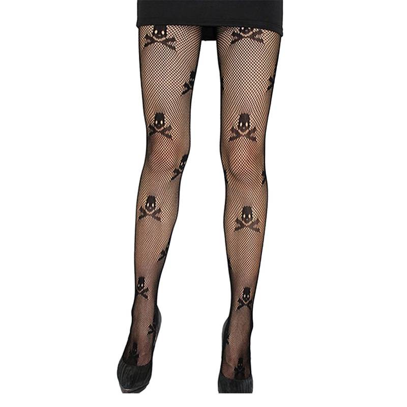 Quần tất lưới cổ cao in họa tiết đầu lâu phong cách halloween thời trang cho phái nữ