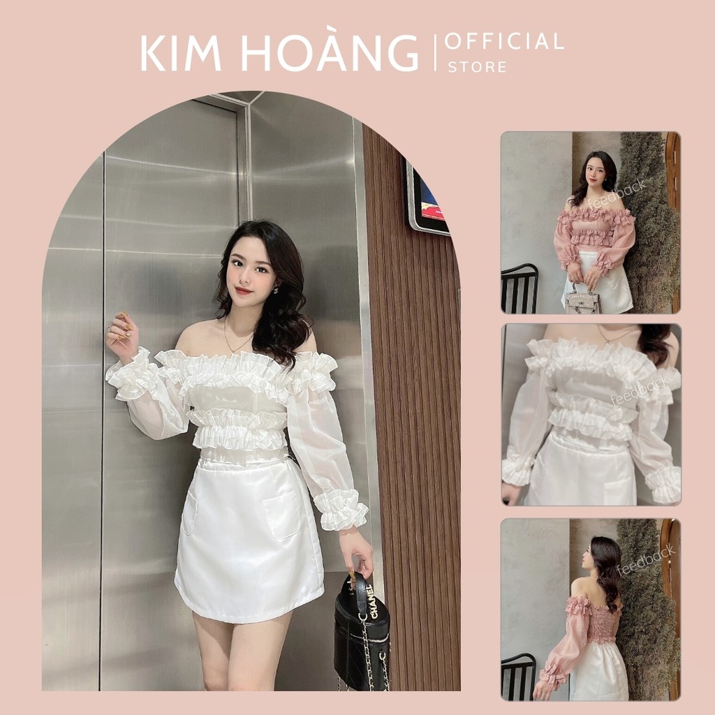 Áo hở vai croptop Kim Hoàng bèo nhún tay bồng tơ Hàn, hàng thiết kế cao cấp (Jewel Top)