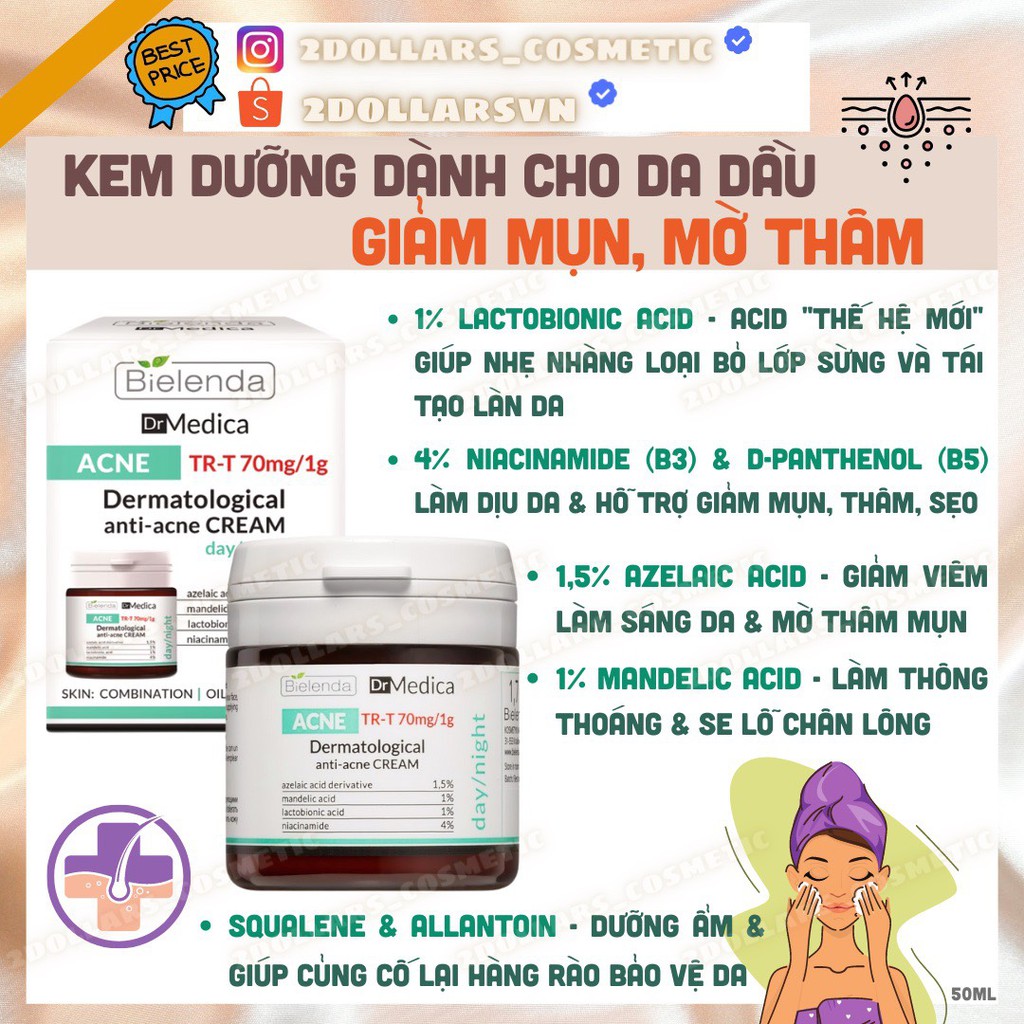 Kem dưỡng Bielenda Dr. Medica Anti-acne Dermatological Hỗ Trợ Giảm Mụn Thâm Mụn 50ml