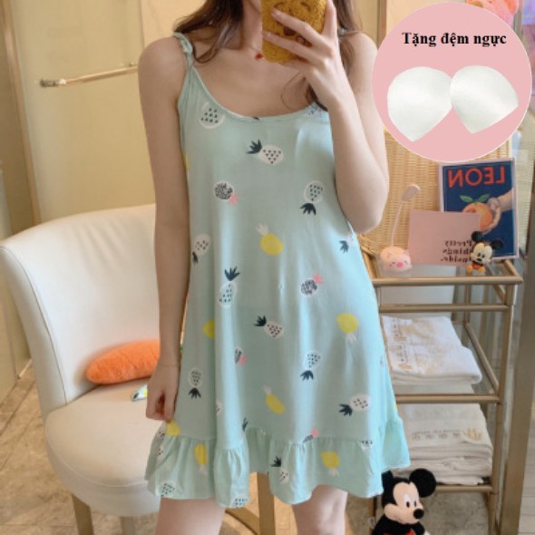 Váy ngủ 2 dây có đệm ngực bigsize TOZZO chất thun cotton cute mềm mát mặc nhà mùa hè dễ thương giá rẻ V2D01