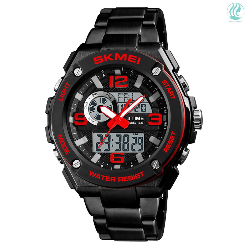 🌱SKMEI 1333 Men Quartz 3 Time Chrono Watches Countdown Analog Digital Display Wristwatch 5ATM Waterproof Fashion 