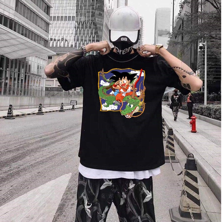 Áo thun nam nữ Songoku Cưỡi Rồng có size lớn dáng tay lỡ oversize màu đen basic vải mềm mịn