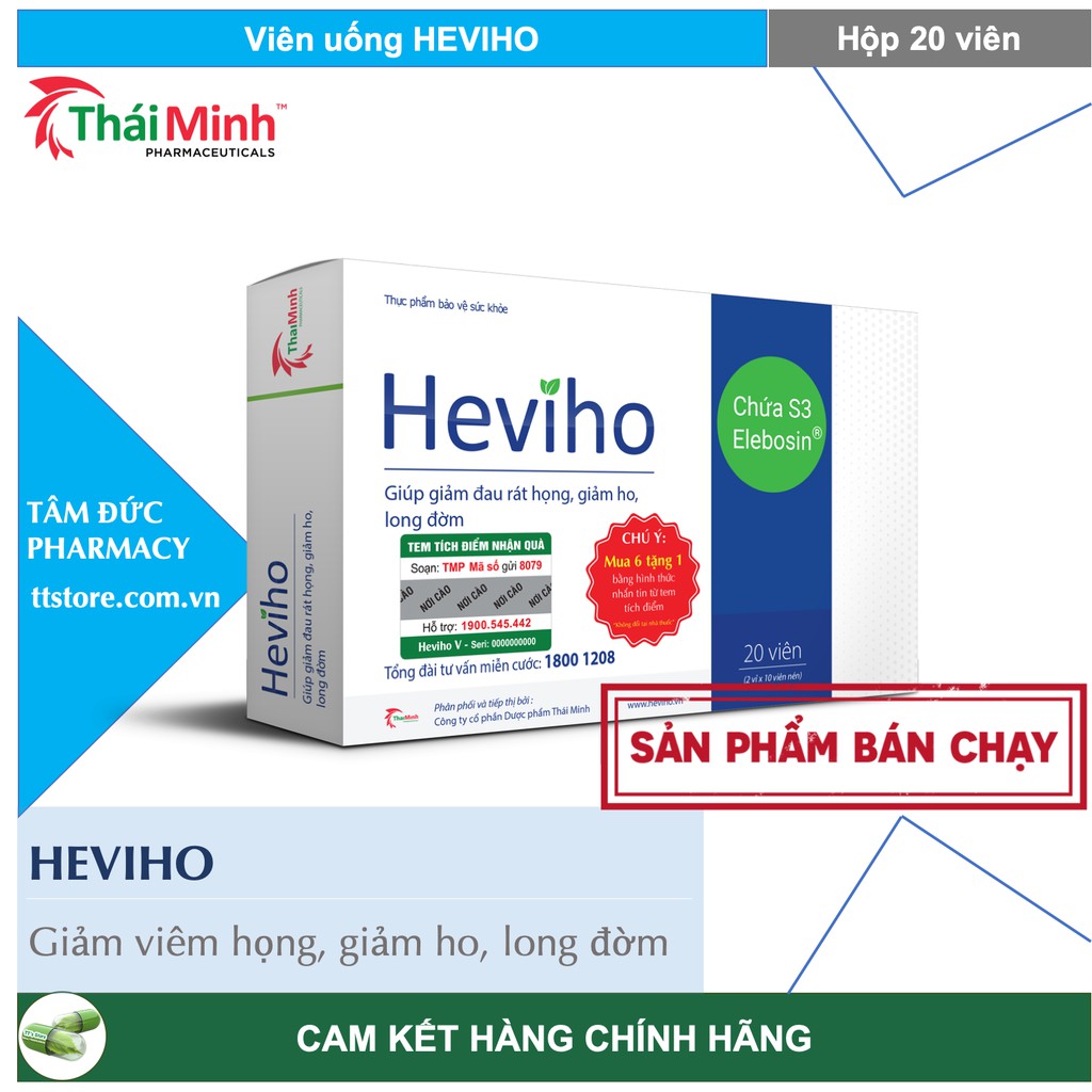 HEVIHO [Hộp 20 viên] - Viên uống hỗ trợ giảm ho, đau rát họng, long đờm